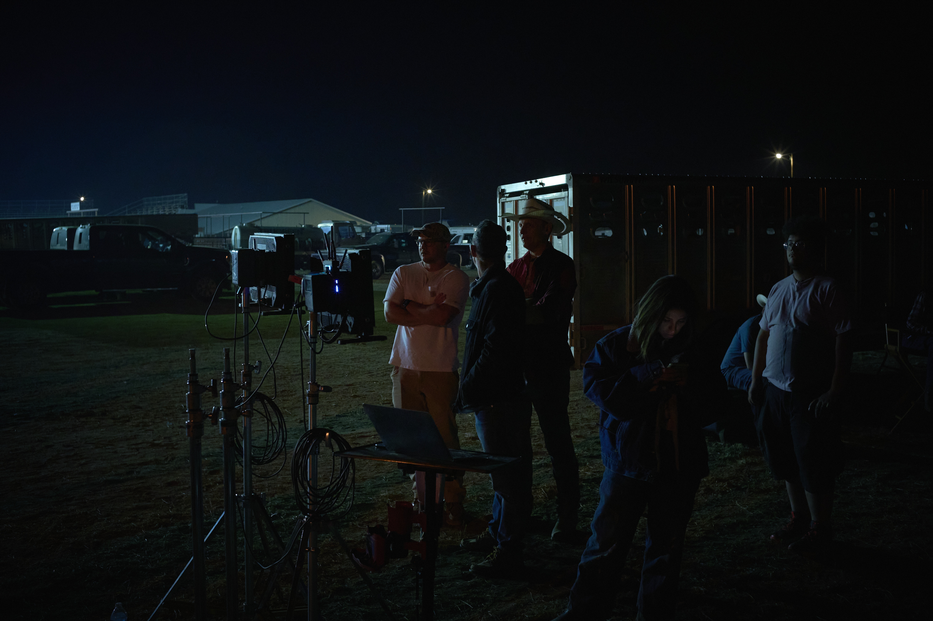 William Eubank, David Frigerio, and John Stalberg Jr. on the set of Broke (2025)